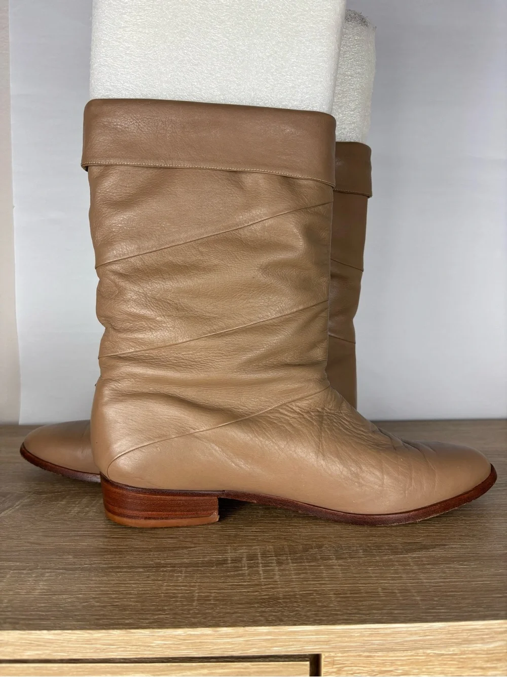 Vintage Jean Pier Clemente Leather Mid Calf Boots Mens 12D Beige Double Zip